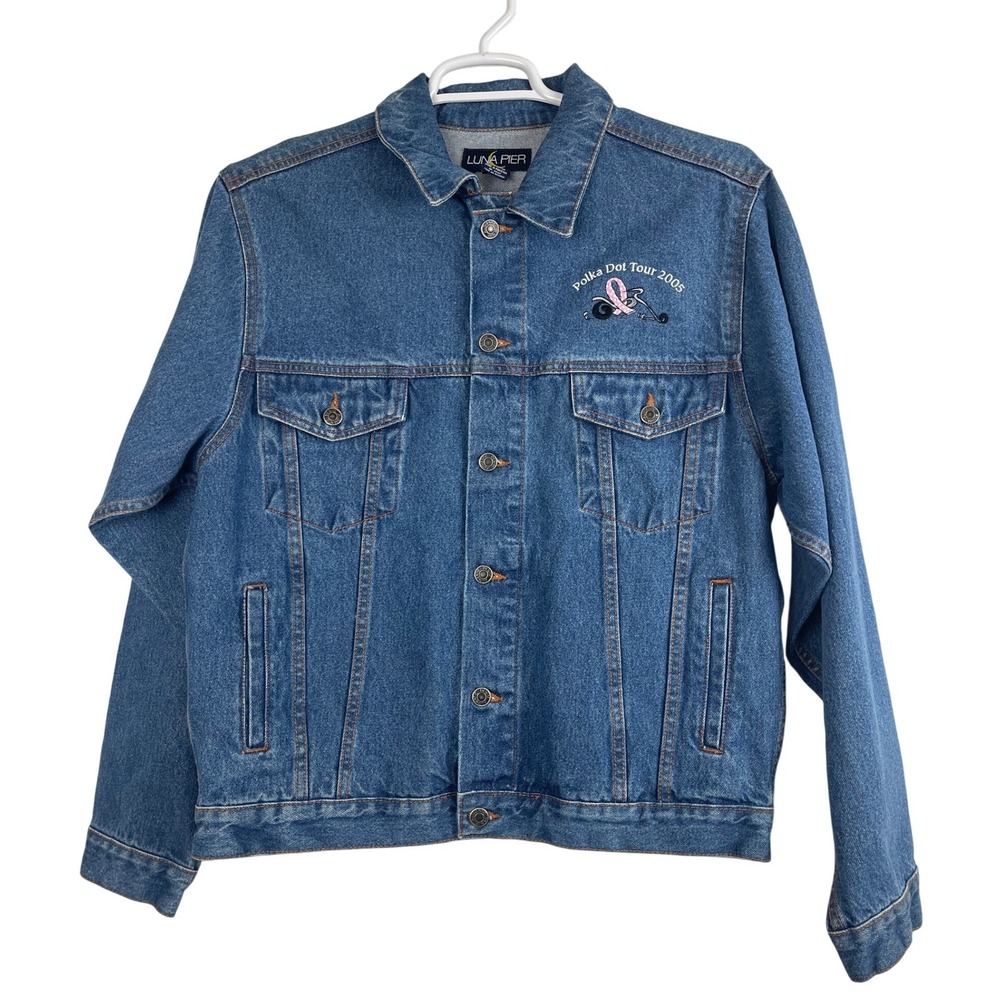 00487 - VTG Luna Pier Denim Jacket Polka Dot Tour 2005 Embroidered Pink Ribbon M